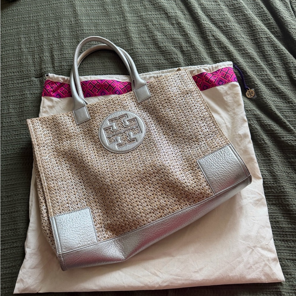 Tory Burch Woven Tan and Silver Tote